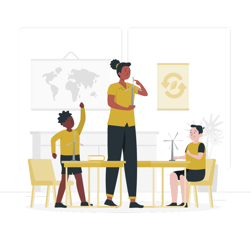 Digital illustration of teacher expalingin sometheing to 2 students