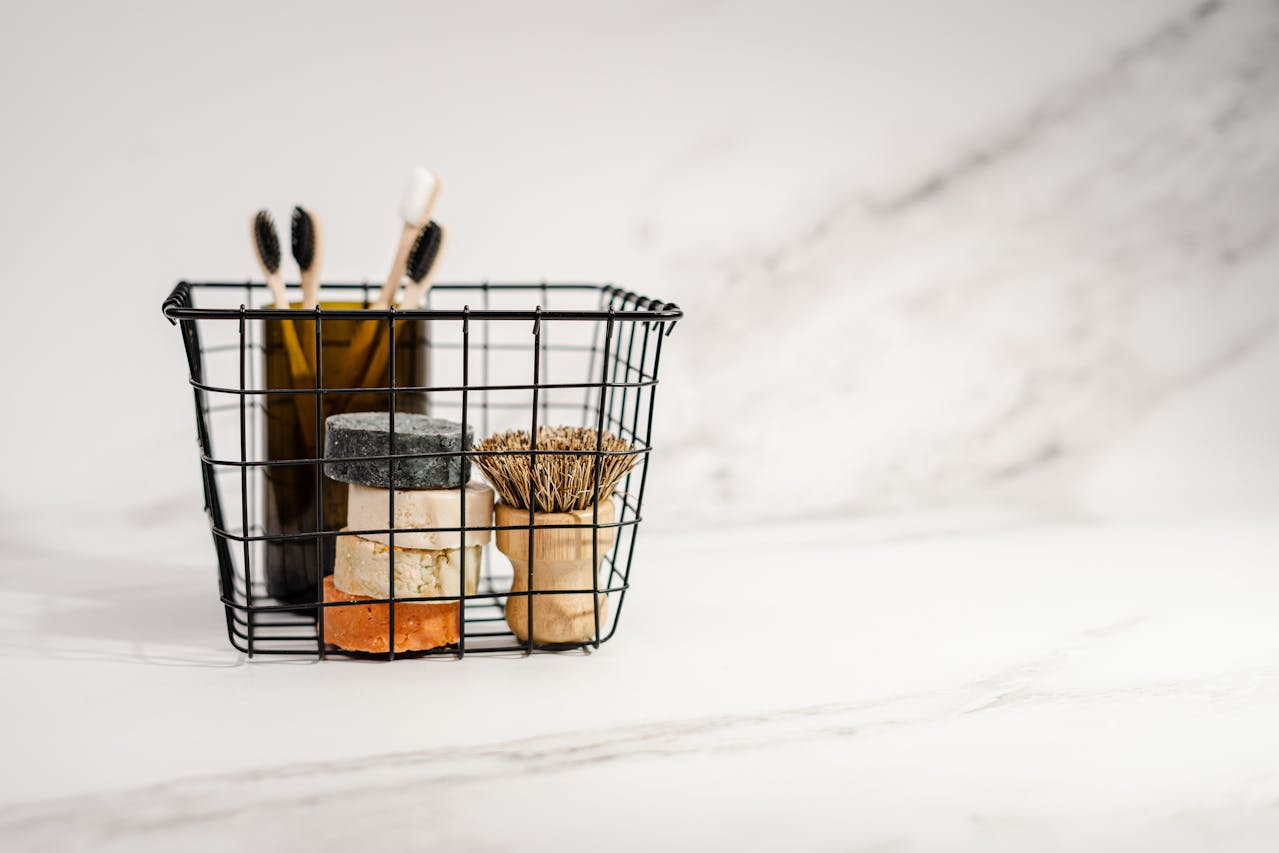 Toiletries in steel basket
