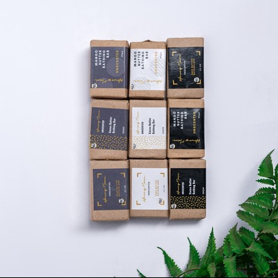 top-down view of unscented soap variants arranged side by side into 3 columns of 3 pieces each